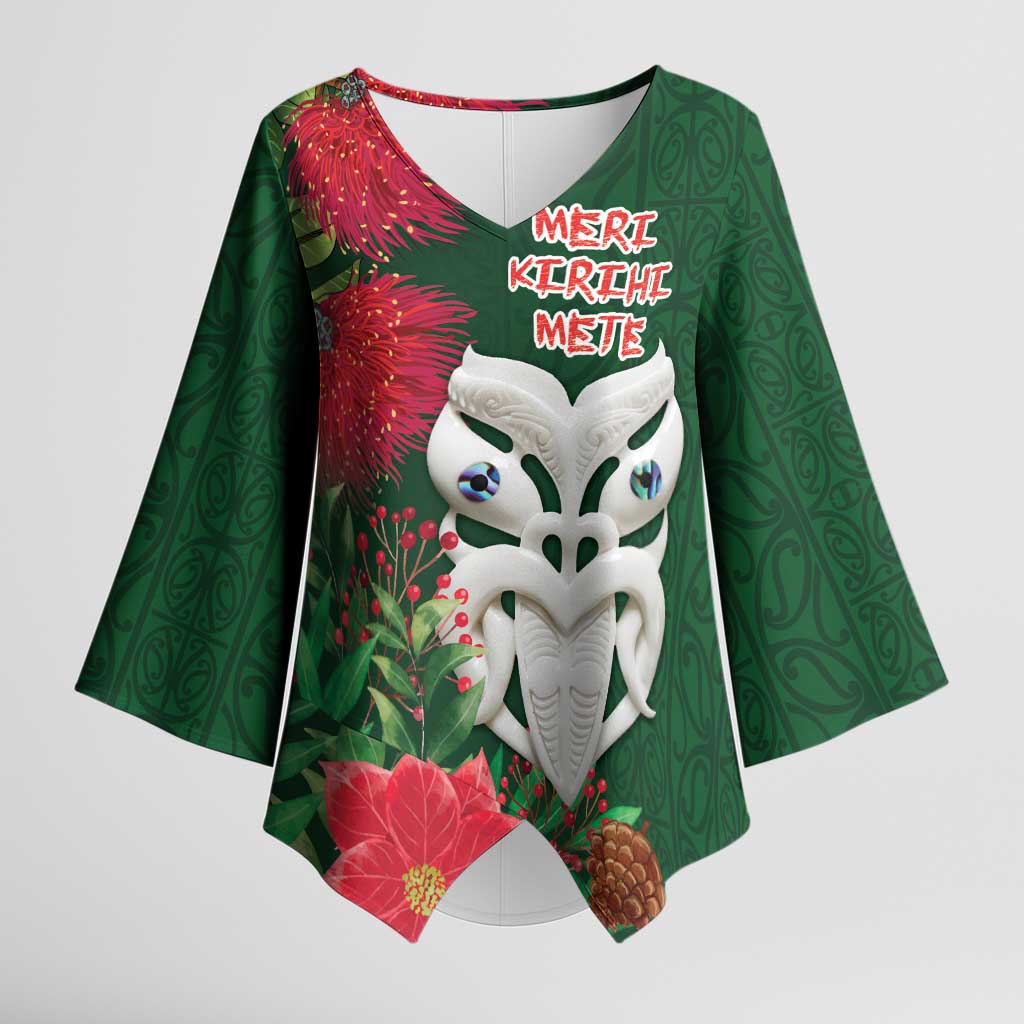 Maori Wheku Meri Kirihimete Personalised Kimono Sleeve Blouse All Green Indigenous Maori Motif - Polynesian Pride