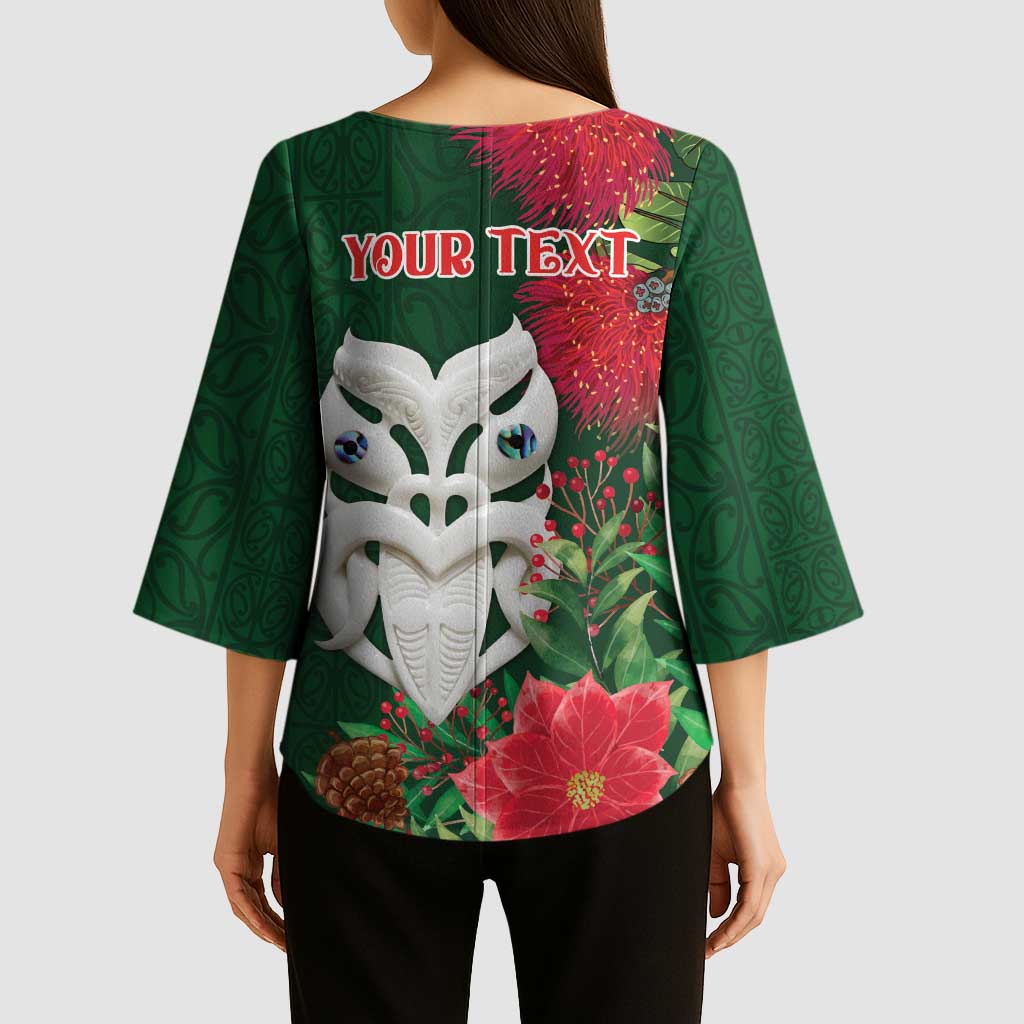 Maori Wheku Meri Kirihimete Personalised Kimono Sleeve Blouse All Green Indigenous Maori Motif - Polynesian Pride