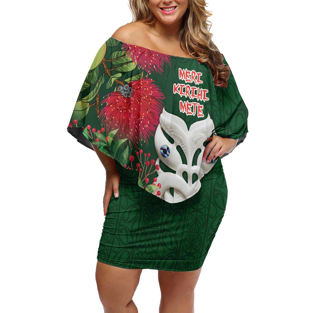 Maori Wheku Meri Kirihimete Personalised Off Shoulder Short Dress All Green Indigenous Maori Motif - Polynesian Pride