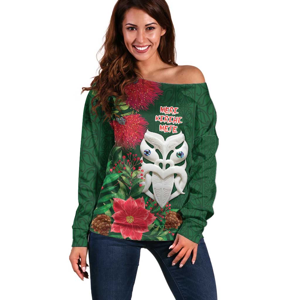 Maori Wheku Meri Kirihimete Personalised Off Shoulder Sweater All Green Indigenous Maori Motif - Polynesian Pride