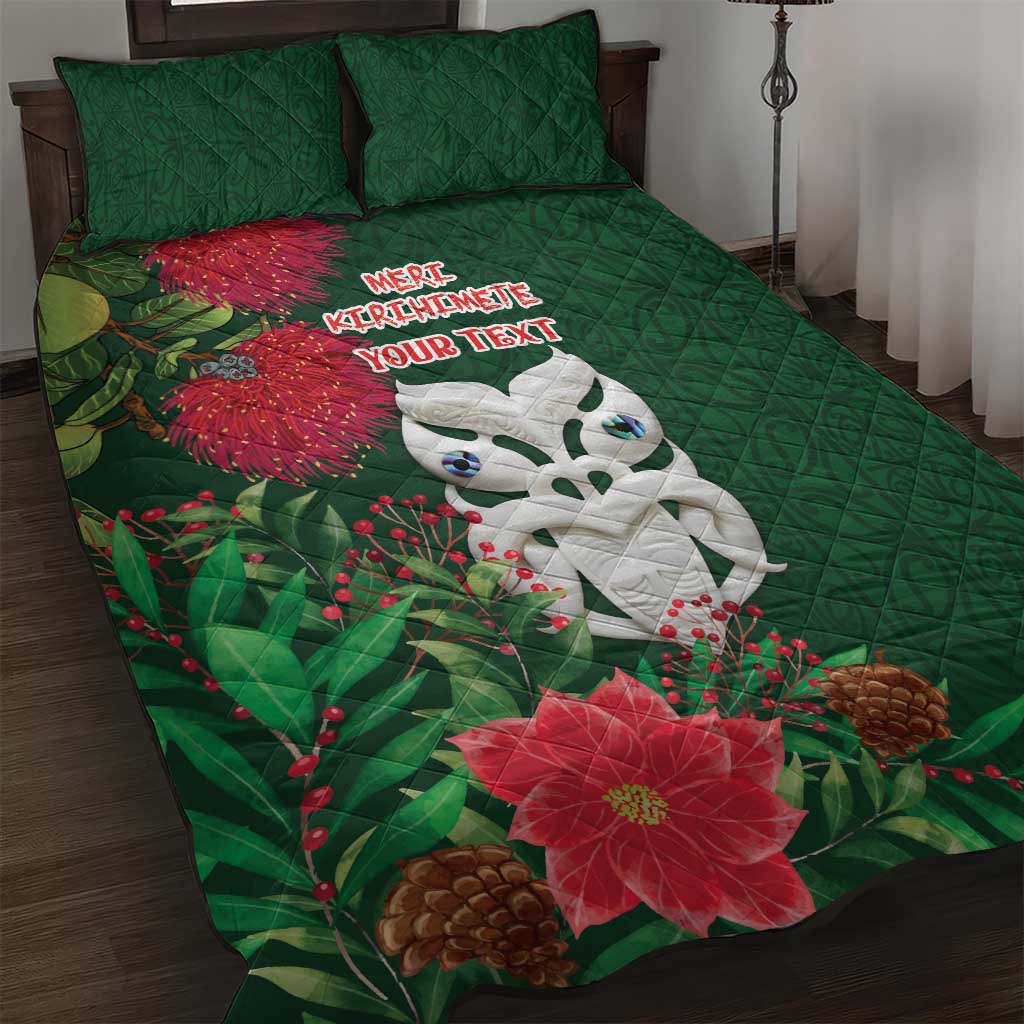 Maori Wheku Meri Kirihimete Personalised Quilt Bed Set All Green Indigenous Maori Motif - Polynesian Pride