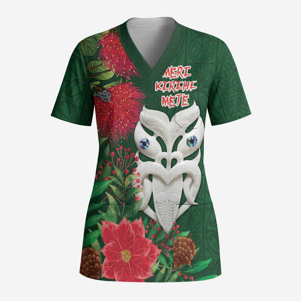 Maori Wheku Meri Kirihimete Personalised Scrub Top All Green Indigenous Maori Motif - Polynesian Pride
