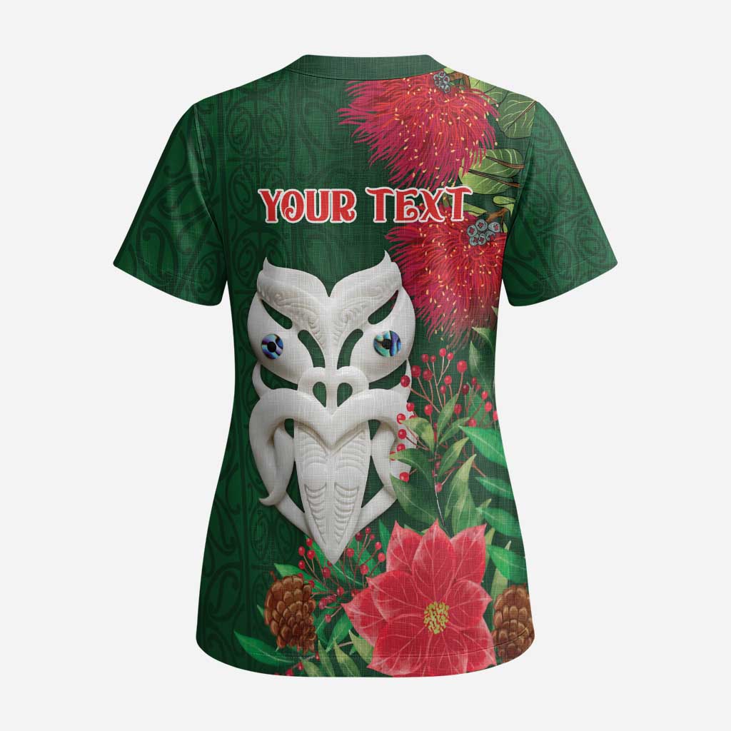 Maori Wheku Meri Kirihimete Personalised Scrub Top All Green Indigenous Maori Motif - Polynesian Pride