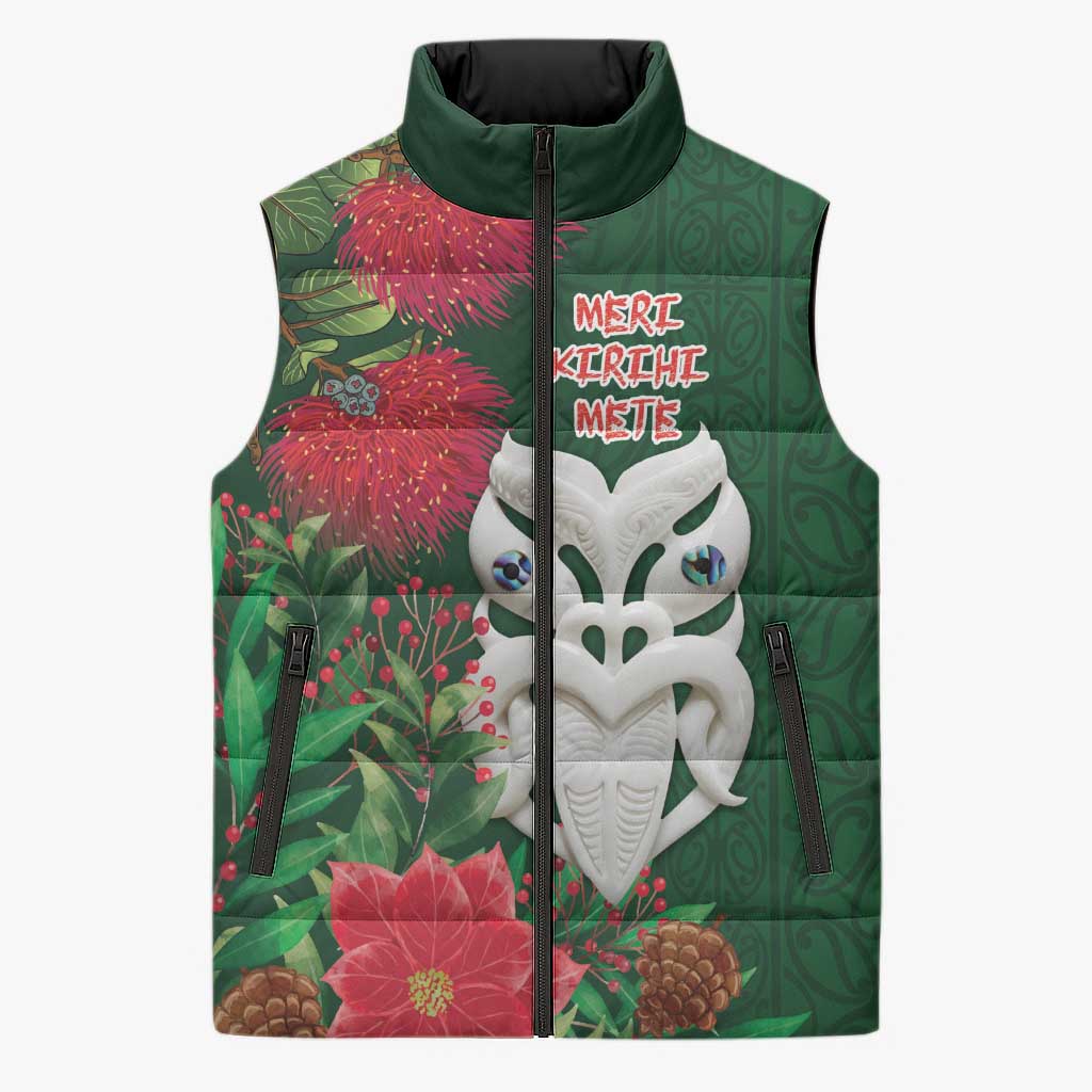 Maori Wheku Meri Kirihimete Personalised Sleeveless Puffer Jacket All Green Indigenous Maori Motif - Polynesian Pride