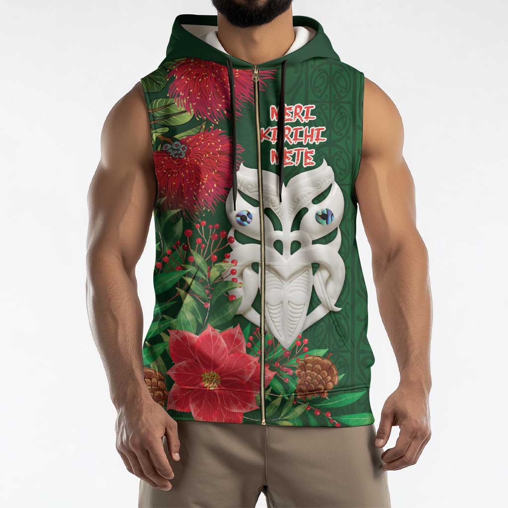 Maori Wheku Meri Kirihimete Personalised Sleeveless Zip Hoodie All Green Indigenous Maori Motif - Polynesian Pride