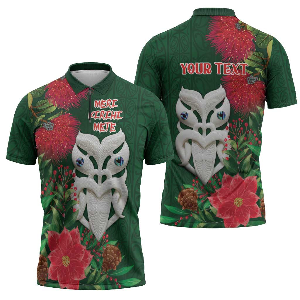 Maori Wheku Meri Kirihimete Personalised Zipper Polo Shirt All Green Indigenous Maori Motif - Polynesian Pride