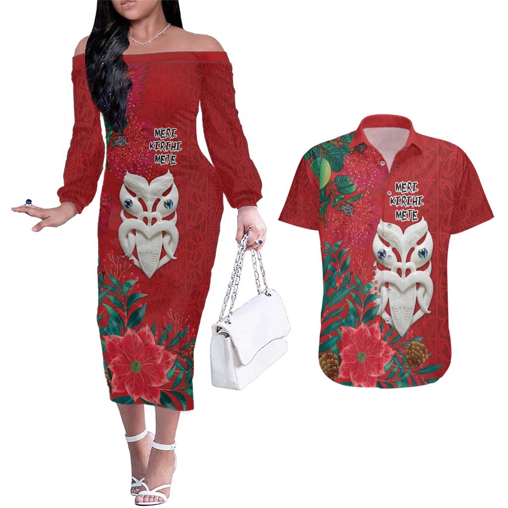 Maori Wheku Meri Kirihimete Personalised Couples Matching Off The Shoulder Long Sleeve Dress and Hawaiian Shirt All Red Indigenous Maori Motif - Polynesian Pride