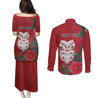 Maori Wheku Meri Kirihimete Personalised Couples Matching Puletasi and Long Sleeve Button Shirt All Red Indigenous Maori Motif - Polynesian Pride