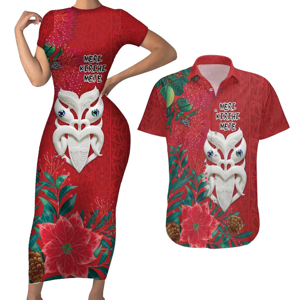 Maori Wheku Meri Kirihimete Personalised Couples Matching Short Sleeve Bodycon Dress and Hawaiian Shirt All Red Indigenous Maori Motif - Polynesian Pride