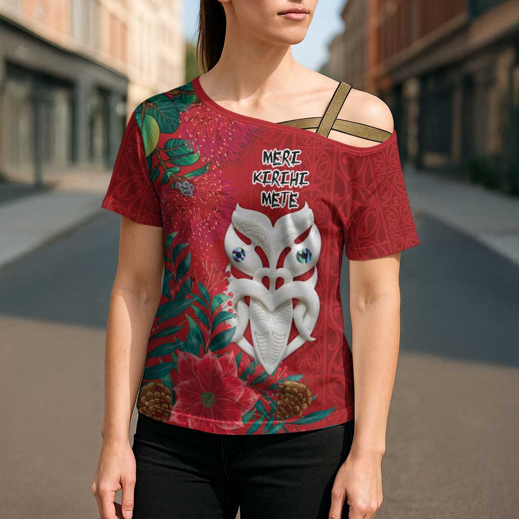 Maori Wheku Meri Kirihimete Personalised Cross Shoulder Shirt All Red Indigenous Maori Motif - Polynesian Pride