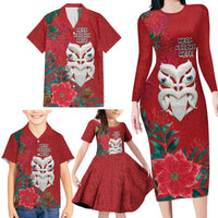 Maori Wheku Meri Kirihimete Personalised Family Matching Long Sleeve Bodycon Dress and Hawaiian Shirt All Red Indigenous Maori Motif - Polynesian Pride