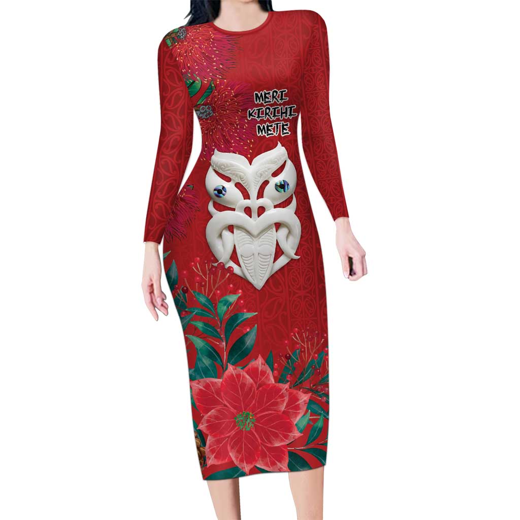 Maori Wheku Meri Kirihimete Personalised Family Matching Long Sleeve Bodycon Dress and Hawaiian Shirt All Red Indigenous Maori Motif - Polynesian Pride