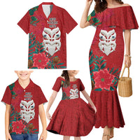 Maori Wheku Meri Kirihimete Personalised Family Matching Mermaid Dress and Hawaiian Shirt All Red Indigenous Maori Motif - Polynesian Pride