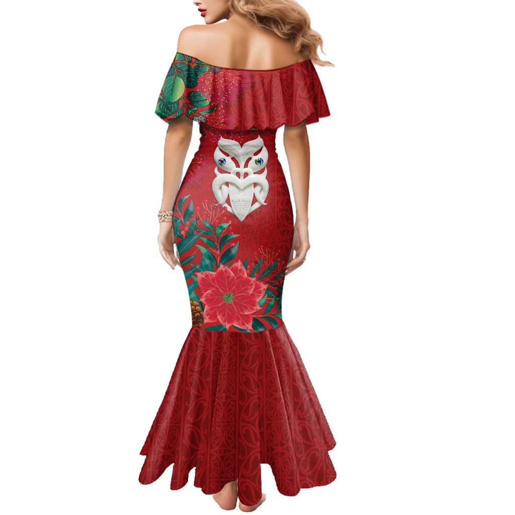 Maori Wheku Meri Kirihimete Personalised Family Matching Mermaid Dress and Hawaiian Shirt All Red Indigenous Maori Motif - Polynesian Pride