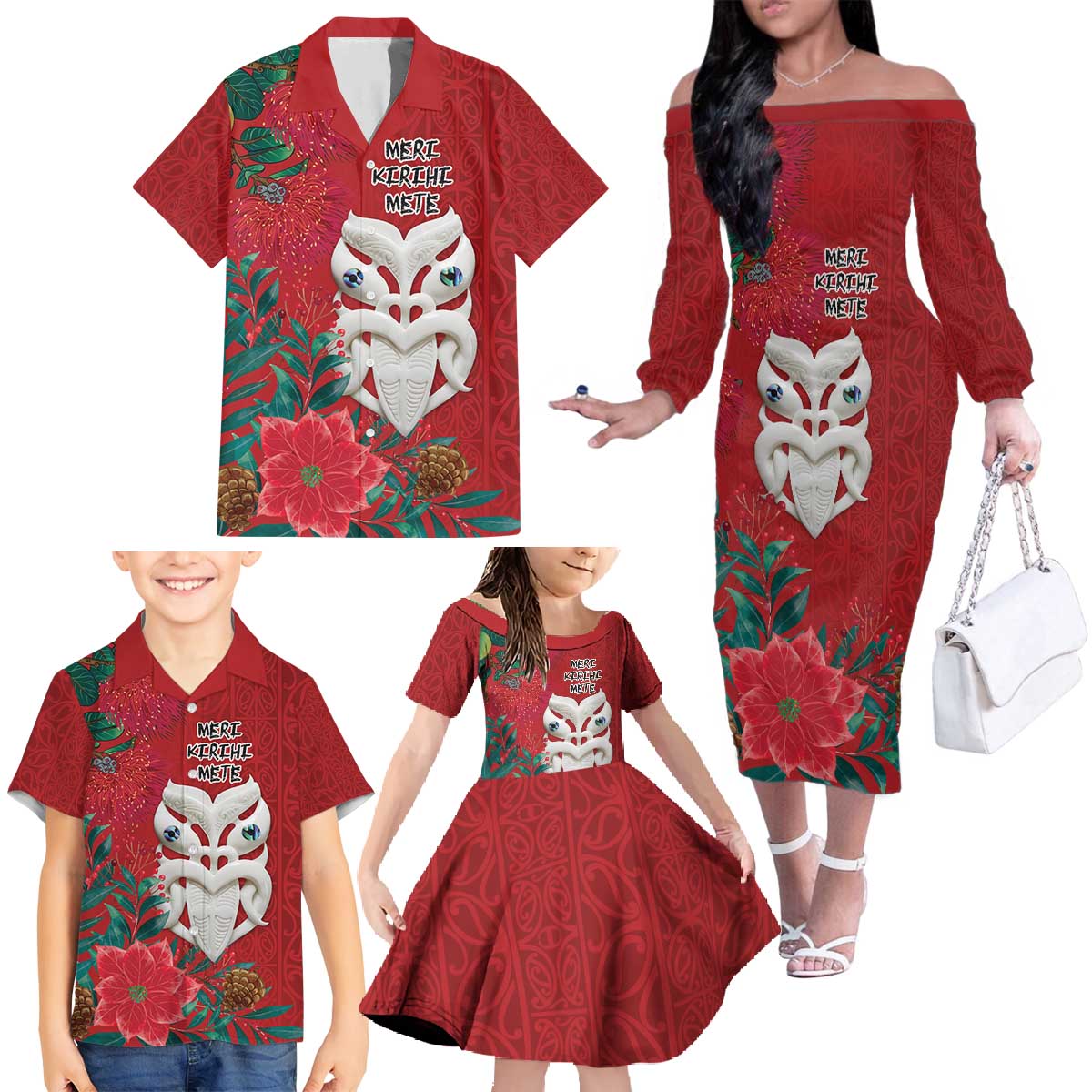 Maori Wheku Meri Kirihimete Personalised Family Matching Off The Shoulder Long Sleeve Dress and Hawaiian Shirt All Red Indigenous Maori Motif - Polynesian Pride