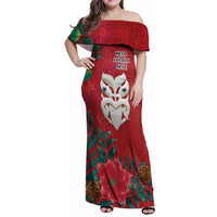 Maori Wheku Meri Kirihimete Personalised Family Matching Off Shoulder Maxi Dress and Hawaiian Shirt All Red Indigenous Maori Motif - Polynesian Pride