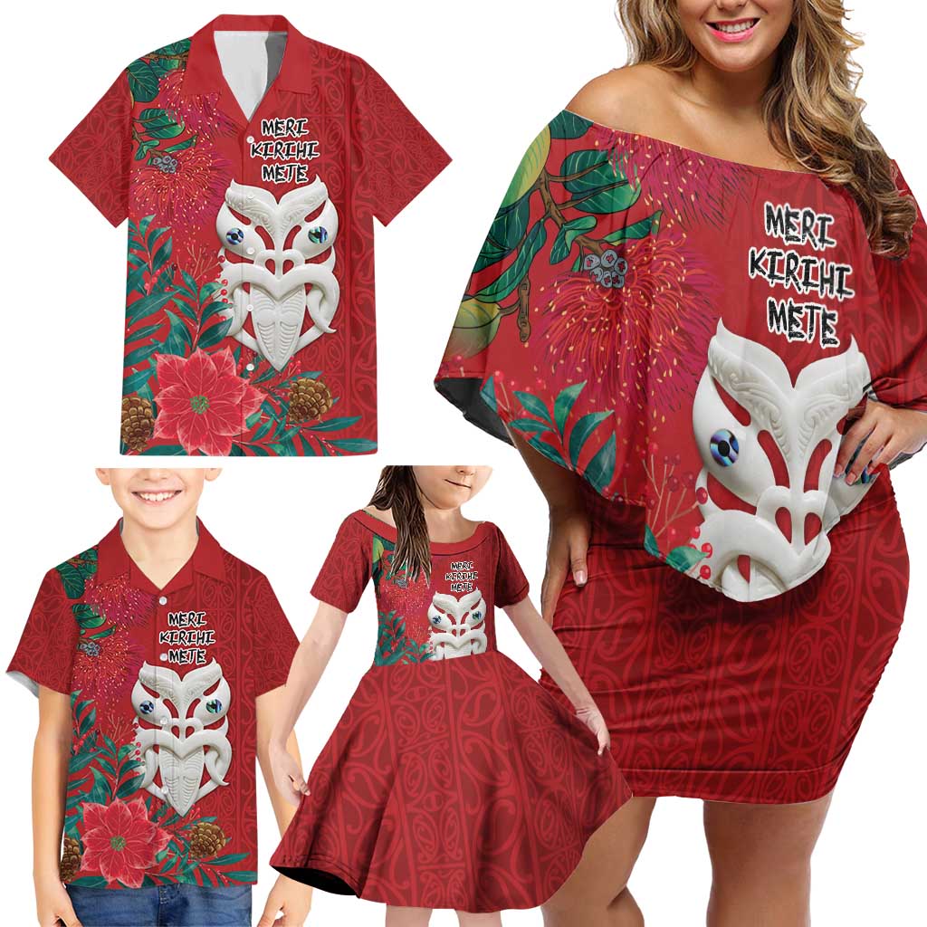 Maori Wheku Meri Kirihimete Personalised Family Matching Off Shoulder Short Dress and Hawaiian Shirt All Red Indigenous Maori Motif - Polynesian Pride