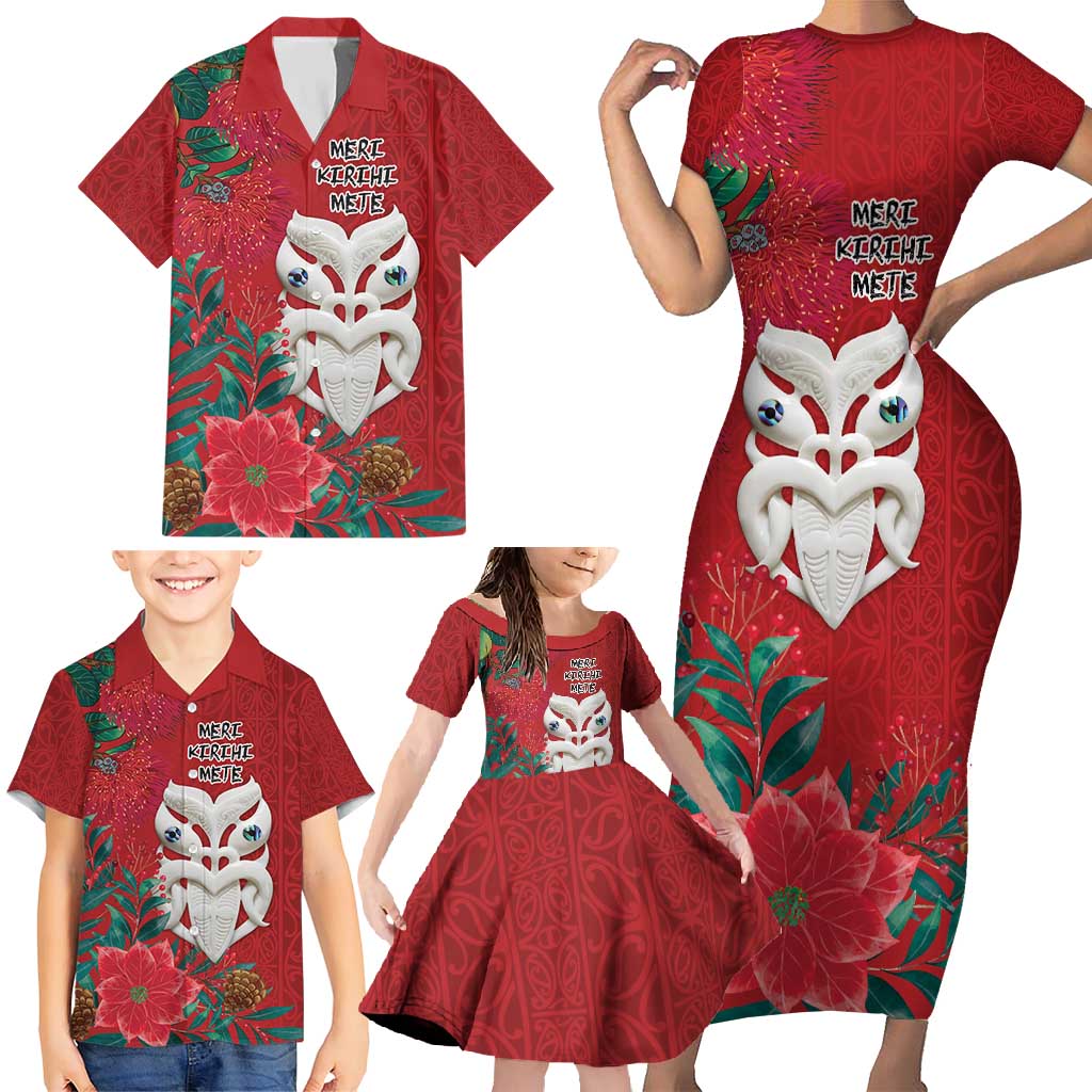 Maori Wheku Meri Kirihimete Personalised Family Matching Short Sleeve Bodycon Dress and Hawaiian Shirt All Red Indigenous Maori Motif - Polynesian Pride