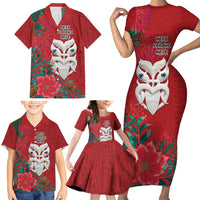 Maori Wheku Meri Kirihimete Personalised Family Matching Short Sleeve Bodycon Dress and Hawaiian Shirt All Red Indigenous Maori Motif - Polynesian Pride