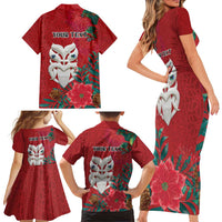 Maori Wheku Meri Kirihimete Personalised Family Matching Short Sleeve Bodycon Dress and Hawaiian Shirt All Red Indigenous Maori Motif - Polynesian Pride