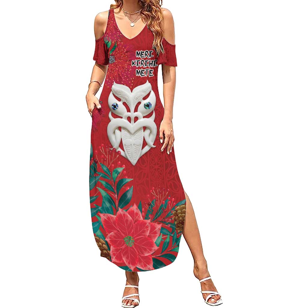 Maori Wheku Meri Kirihimete Personalised Family Matching Summer Maxi Dress and Hawaiian Shirt All Red Indigenous Maori Motif - Polynesian Pride