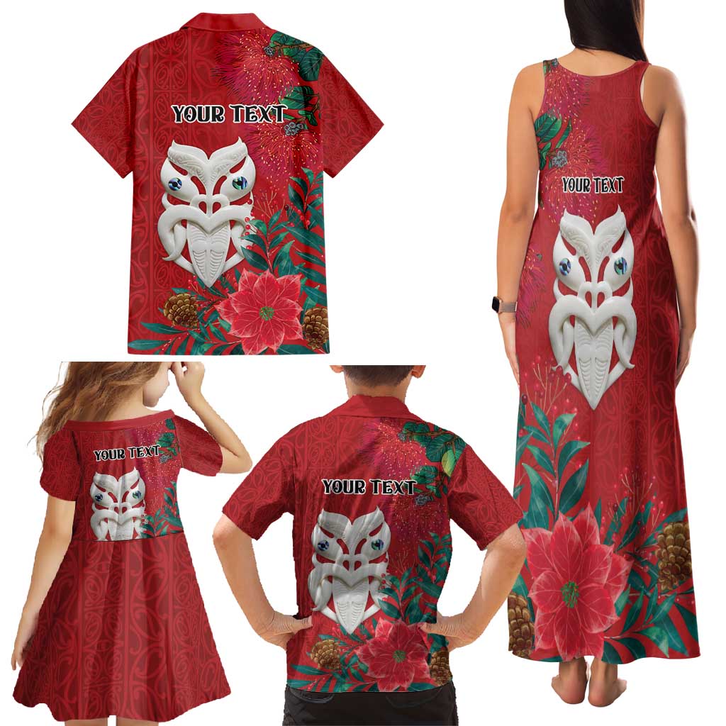 Maori Wheku Meri Kirihimete Personalised Family Matching Tank Maxi Dress and Hawaiian Shirt All Red Indigenous Maori Motif - Polynesian Pride