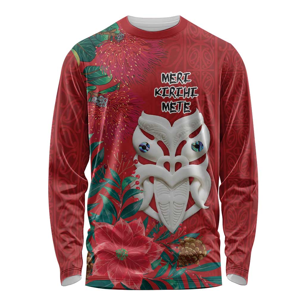 Maori Wheku Meri Kirihimete Personalised Long Sleeve Shirt All Red Indigenous Maori Motif - Polynesian Pride