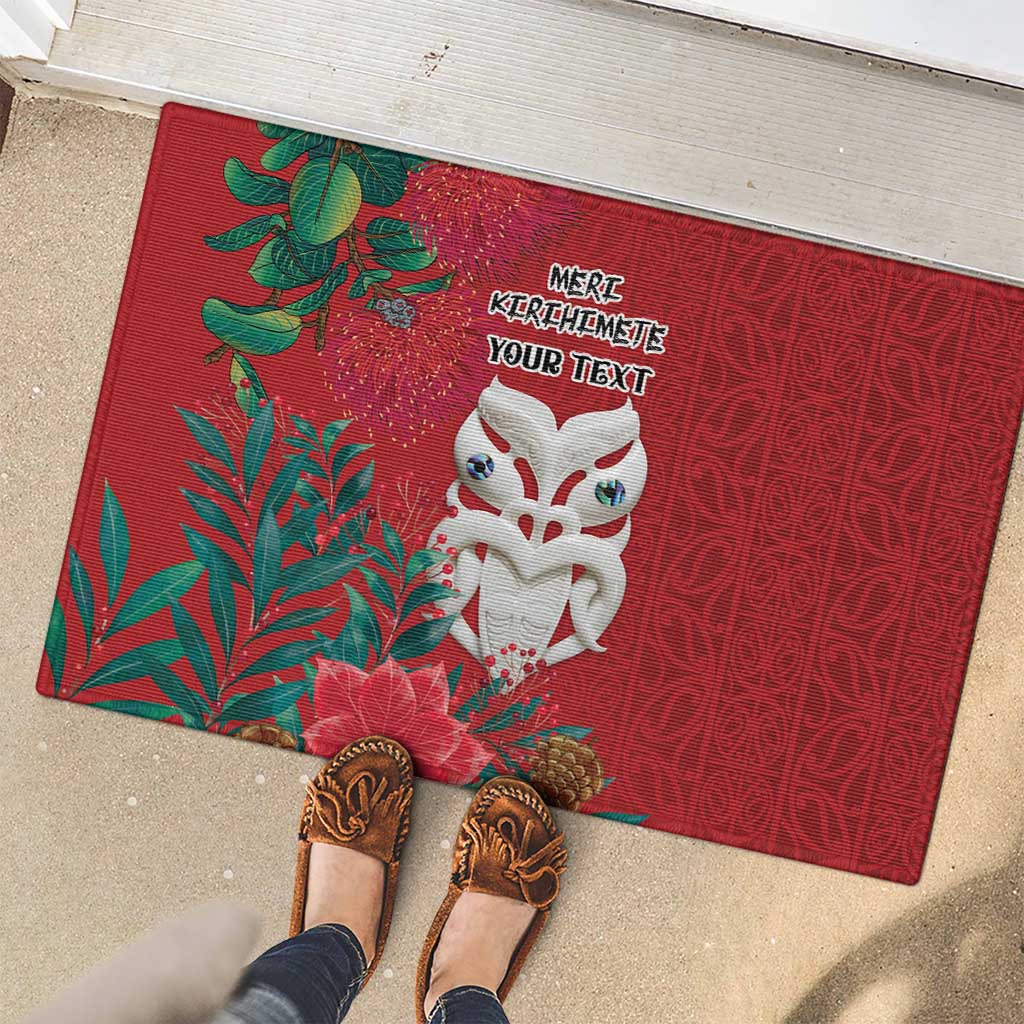 Maori Wheku Meri Kirihimete Personalised Rubber Doormat All Red Indigenous Maori Motif - Polynesian Pride