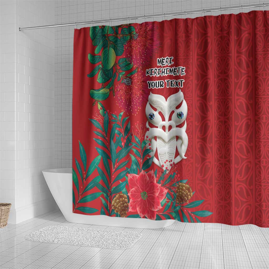 Maori Wheku Meri Kirihimete Personalised Shower Curtain All Red Indigenous Maori Motif - Polynesian Pride