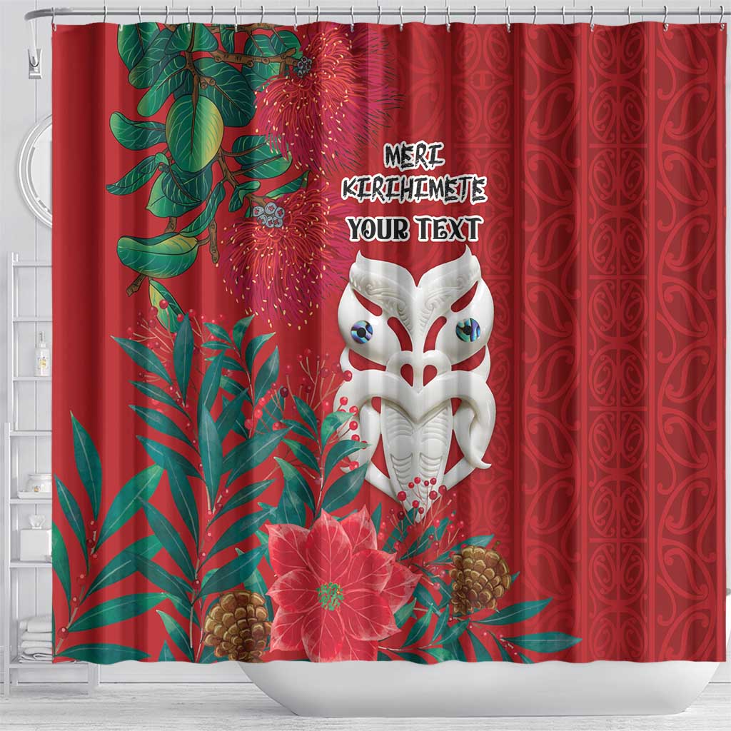 Maori Wheku Meri Kirihimete Personalised Shower Curtain All Red Indigenous Maori Motif - Polynesian Pride