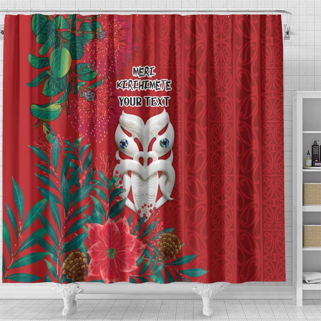 Maori Wheku Meri Kirihimete Personalised Shower Curtain All Red Indigenous Maori Motif - Polynesian Pride