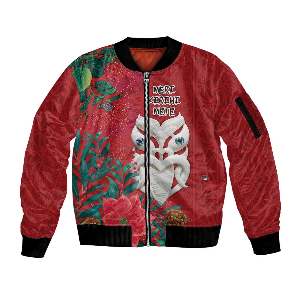 Maori Wheku Meri Kirihimete Personalised Sleeve Zip Bomber Jacket All Red Indigenous Maori Motif - Polynesian Pride