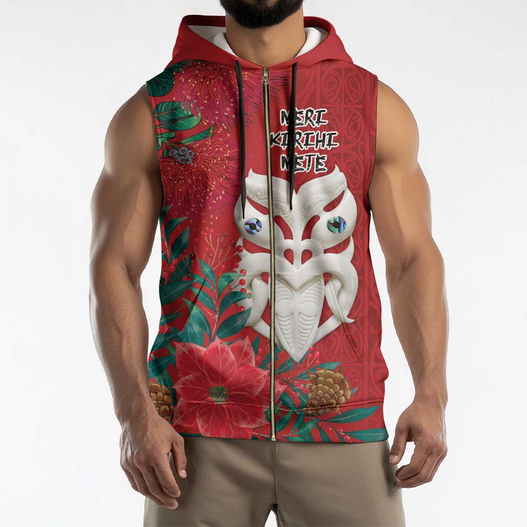 Maori Wheku Meri Kirihimete Personalised Sleeveless Zip Hoodie All Red Indigenous Maori Motif - Polynesian Pride