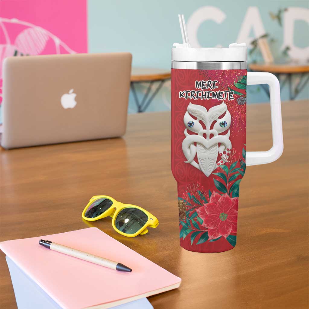 Maori Wheku Meri Kirihimete Personalised Tumbler With Handle All Red Indigenous Maori Motif - Polynesian Pride