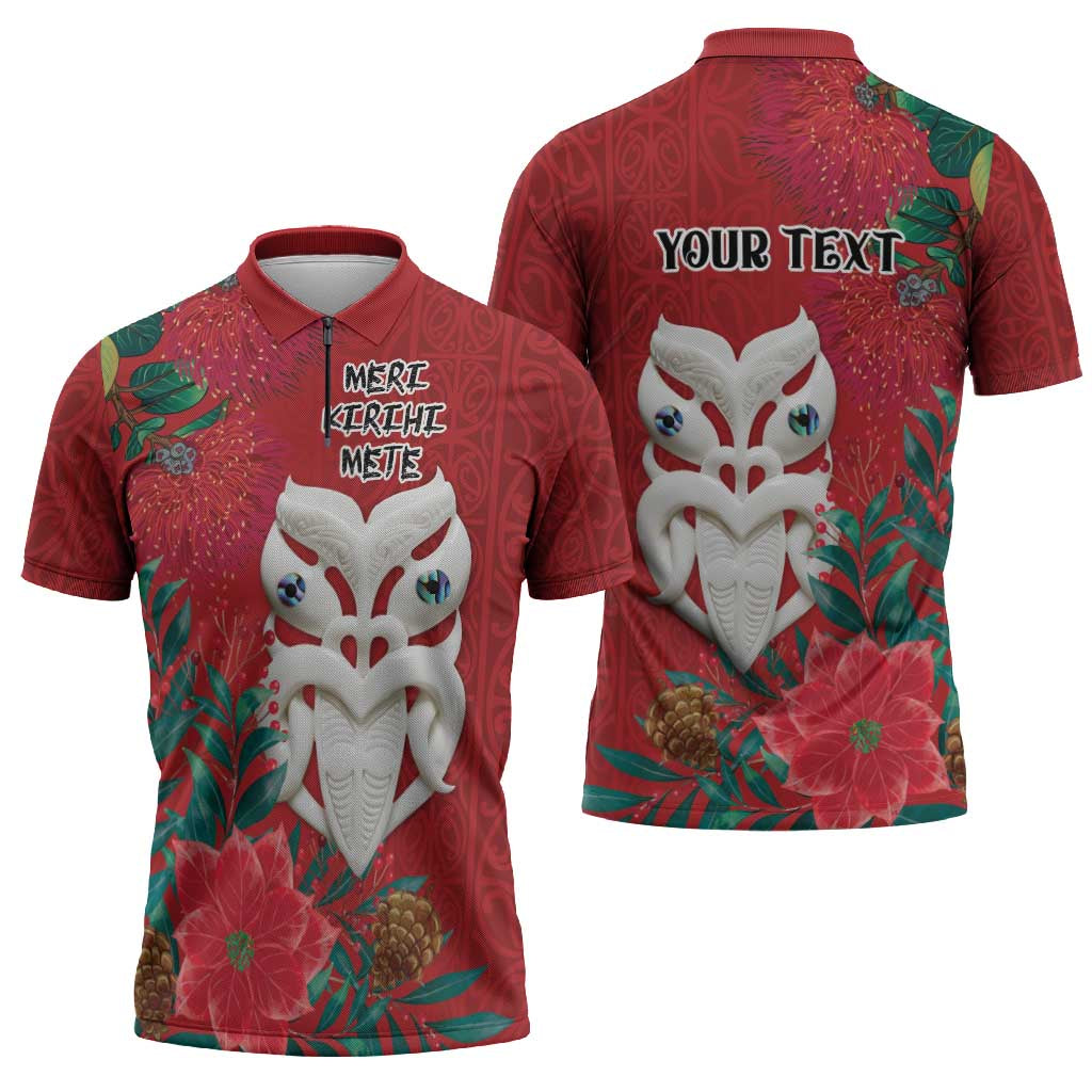 Maori Wheku Meri Kirihimete Personalised Zipper Polo Shirt All Red Indigenous Maori Motif - Polynesian Pride