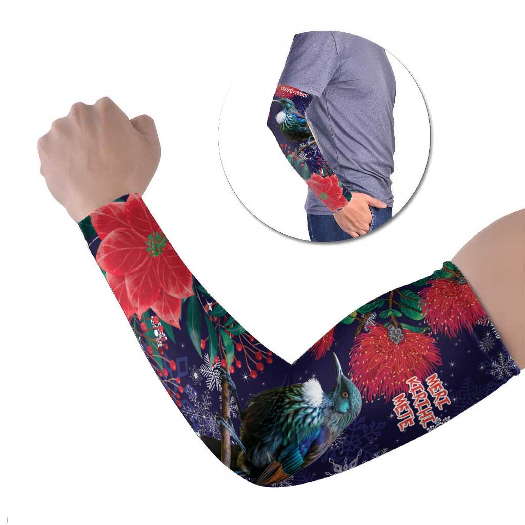 Tui Meri Kirihimete Personalised Arm Sleeves Pohutukawa Flowers Blue Motif LT9 Set of 2 Blue - Polynesian Pride
