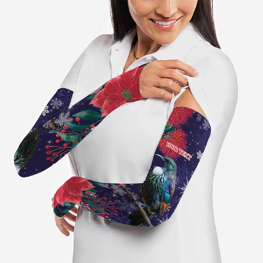 Tui Meri Kirihimete Personalised Arm Sleeves Pohutukawa Flowers Blue Motif - Polynesian Pride