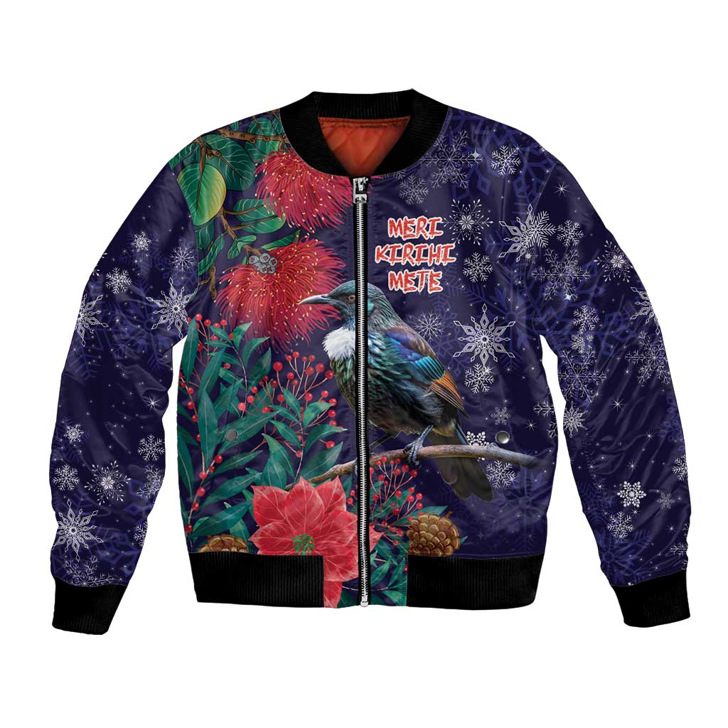 Tui Meri Kirihimete Personalised Bomber Jacket Pohutukawa Flowers Blue Motif - Polynesian Pride