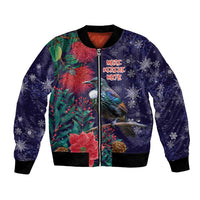 Tui Meri Kirihimete Personalised Bomber Jacket Pohutukawa Flowers Blue Motif - Polynesian Pride