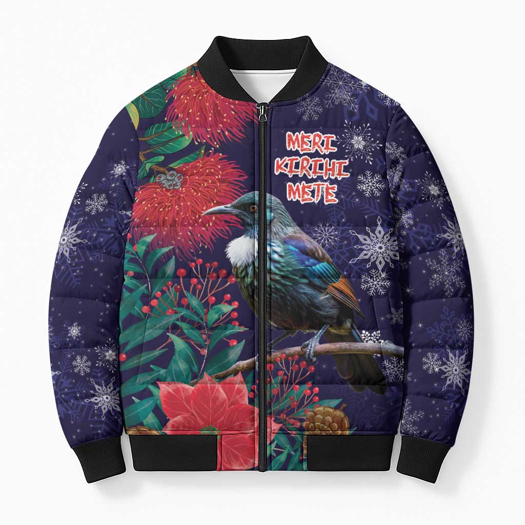 Tui Meri Kirihimete Personalised Bomber Puffer Jacket Pohutukawa Flowers Blue Motif LT9 Unisex Blue - Polynesian Pride
