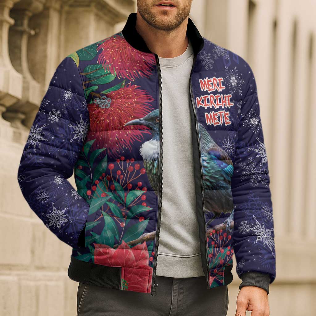 Tui Meri Kirihimete Personalised Bomber Puffer Jacket Pohutukawa Flowers Blue Motif - Polynesian Pride