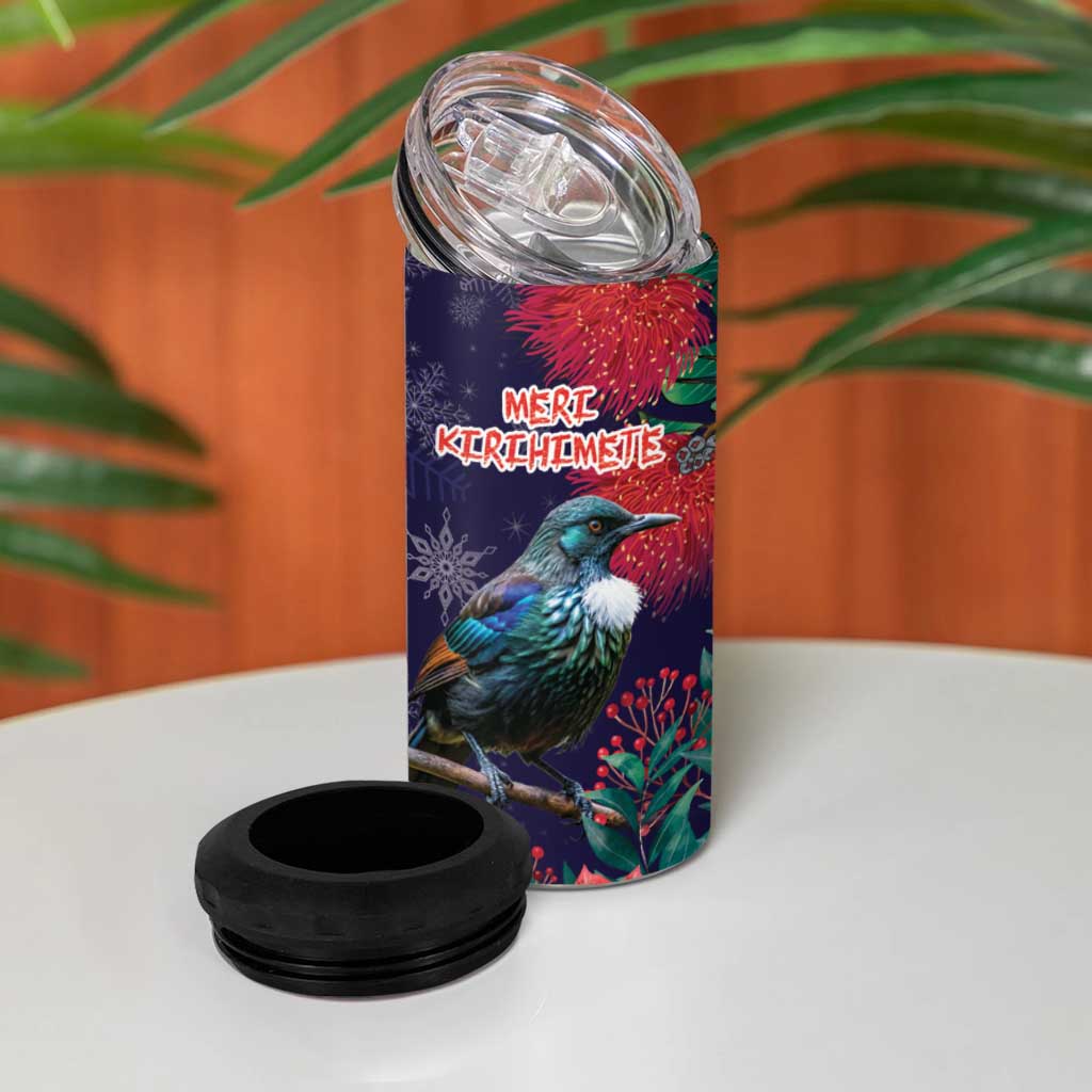 Tui Meri Kirihimete Personalised 4 in 1 Can Cooler Tumbler Pohutukawa Flowers Blue Motif - Polynesian Pride