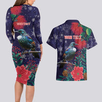 Tui Meri Kirihimete Personalised Couples Matching Long Sleeve Bodycon Dress and Hawaiian Shirt Pohutukawa Flowers Blue Motif LT9 - Polynesian Pride