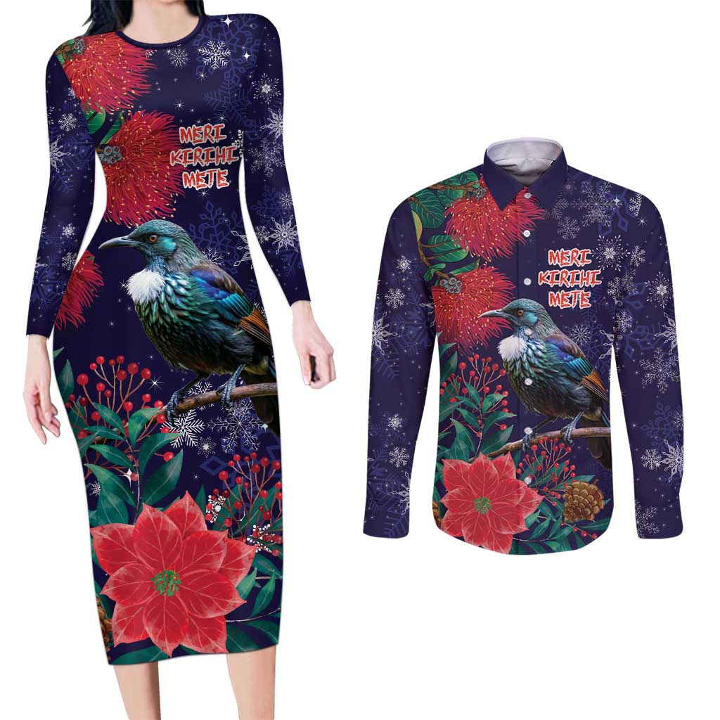Tui Meri Kirihimete Personalised Couples Matching Long Sleeve Bodycon Dress and Long Sleeve Button Shirt Pohutukawa Flowers Blue Motif LT9 Blue - Polynesian Pride