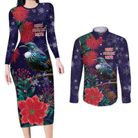 Tui Meri Kirihimete Personalised Couples Matching Long Sleeve Bodycon Dress and Long Sleeve Button Shirt Pohutukawa Flowers Blue Motif LT9 Blue - Polynesian Pride