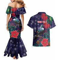 Tui Meri Kirihimete Personalised Couples Matching Mermaid Dress and Hawaiian Shirt Pohutukawa Flowers Blue Motif LT9 - Polynesian Pride