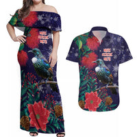 Tui Meri Kirihimete Personalised Couples Matching Off Shoulder Maxi Dress and Hawaiian Shirt Pohutukawa Flowers Blue Motif LT9 Blue - Polynesian Pride