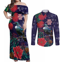 Tui Meri Kirihimete Personalised Couples Matching Off Shoulder Maxi Dress and Long Sleeve Button Shirt Pohutukawa Flowers Blue Motif LT9 Blue - Polynesian Pride