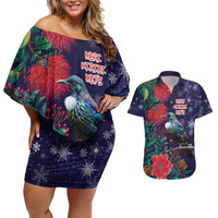 Tui Meri Kirihimete Personalised Couples Matching Off Shoulder Short Dress and Hawaiian Shirt Pohutukawa Flowers Blue Motif LT9 Blue - Polynesian Pride