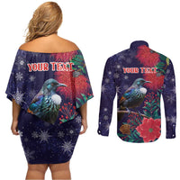 Tui Meri Kirihimete Personalised Couples Matching Off Shoulder Short Dress and Long Sleeve Button Shirt Pohutukawa Flowers Blue Motif LT9 - Polynesian Pride